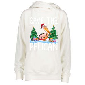 Save The Pelican Funny Christmas Lights Santa Hat Snowflakes Funny Gift Womens Funnel Neck Pullover Hood