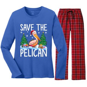 Save The Pelican Funny Christmas Lights Santa Hat Snowflakes Funny Gift Women's Long Sleeve Flannel Pajama Set 