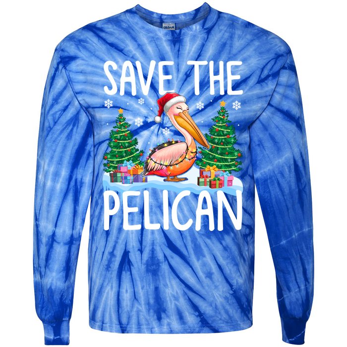 Save The Pelican Funny Christmas Lights Santa Hat Snowflakes Funny Gift Tie-Dye Long Sleeve Shirt