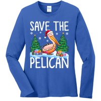 Save The Pelican Funny Christmas Lights Santa Hat Snowflakes Funny Gift Ladies Long Sleeve Shirt