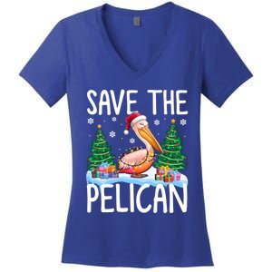 Save The Pelican Funny Christmas Lights Santa Hat Snowflakes Funny Gift Women's V-Neck T-Shirt