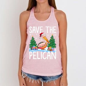 Save The Pelican Funny Christmas Lights Santa Hat Snowflakes Funny Gift Women's Knotted Racerback Tank