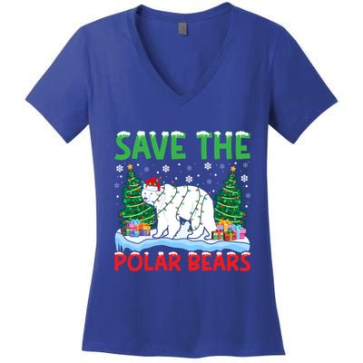 Save The Polar Bears Christmas Tree Santa Hat Snowflakes Gift Women's V-Neck T-Shirt