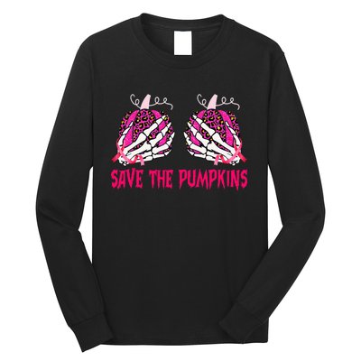 Save The Pumpkins Leopard Skeleton Breast Cancer Awareness Long Sleeve Shirt