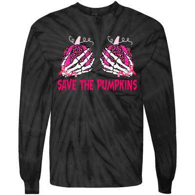 Save The Pumpkins Leopard Skeleton Breast Cancer Awareness Tie-Dye Long Sleeve Shirt