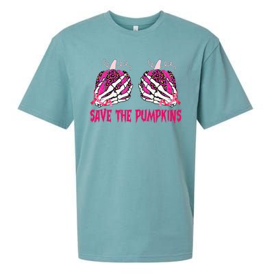 Save The Pumpkins Leopard Skeleton Breast Cancer Awareness Sueded Cloud Jersey T-Shirt