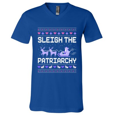 Sleigh The Patriarchy Feminist Feminism Meme Ugly Christmas Gift V-Neck T-Shirt