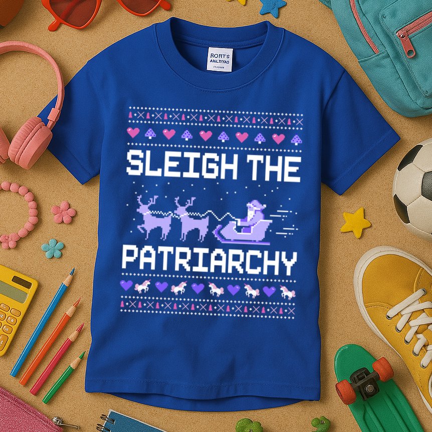 Sleigh The Patriarchy Feminist Feminism Meme Ugly Christmas Gift Kids T-Shirt