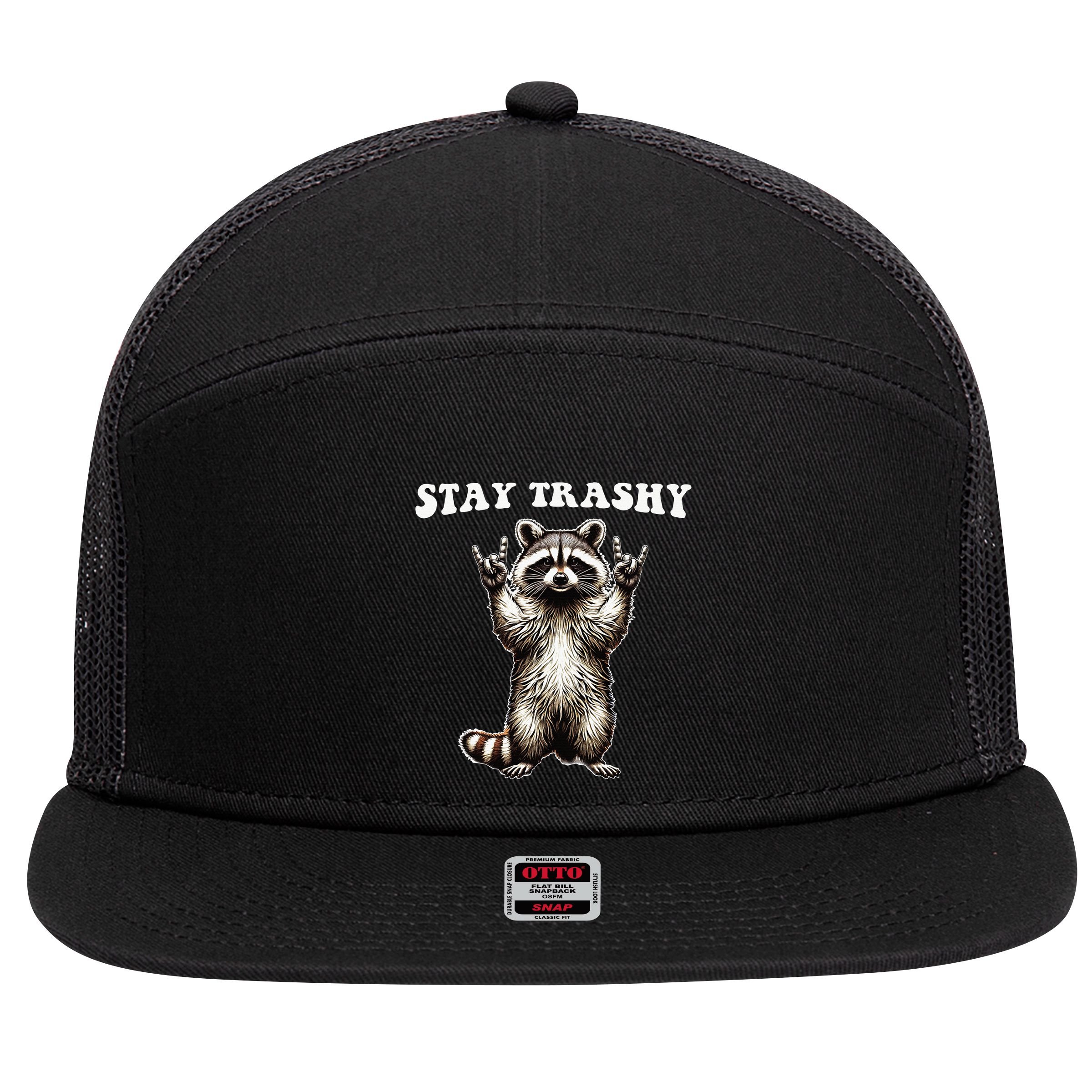 Stay Trashy Raccoon Rockin Hand Sign 7 Panel Mesh Trucker Snapback Hat