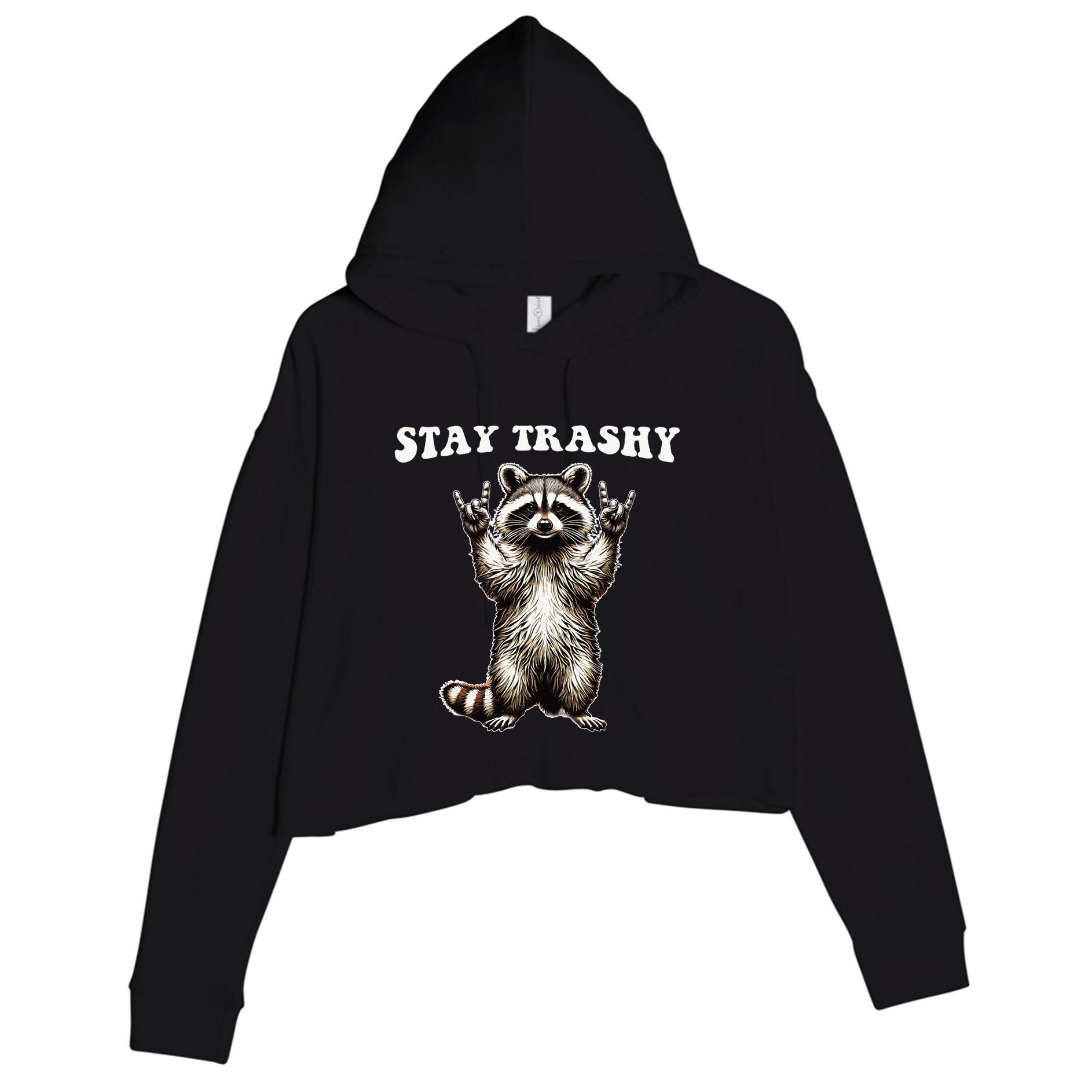 Stay Trashy Raccoon Rockin Hand Sign Crop Fleece Hoodie