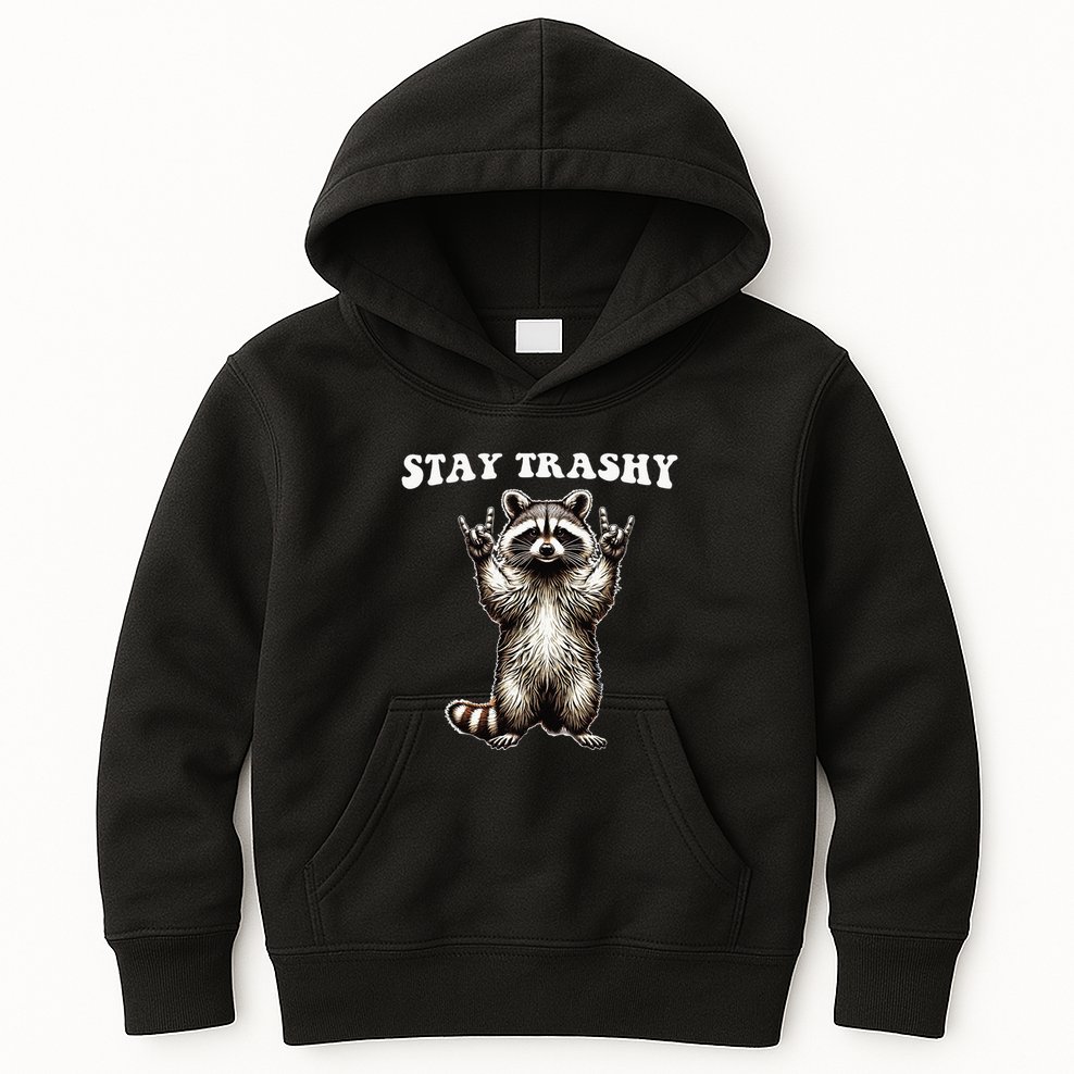 Stay Trashy Raccoon Rockin Hand Sign Kids Hoodie
