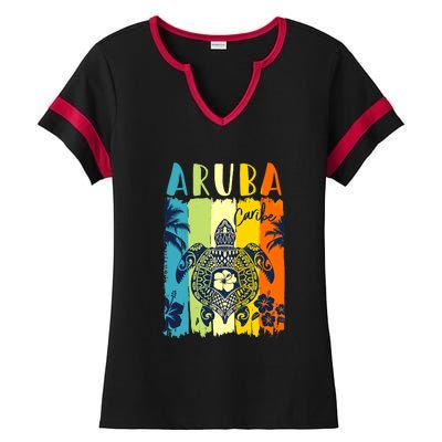 Sea Turtle Retro Aruba Caribe Family Vacation Ladies Halftime Notch Neck Tee