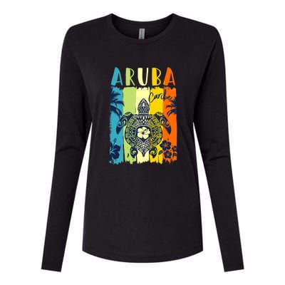 Sea Turtle Retro Aruba Caribe Family Vacation Womens Cotton Relaxed Long Sleeve T-Shirt