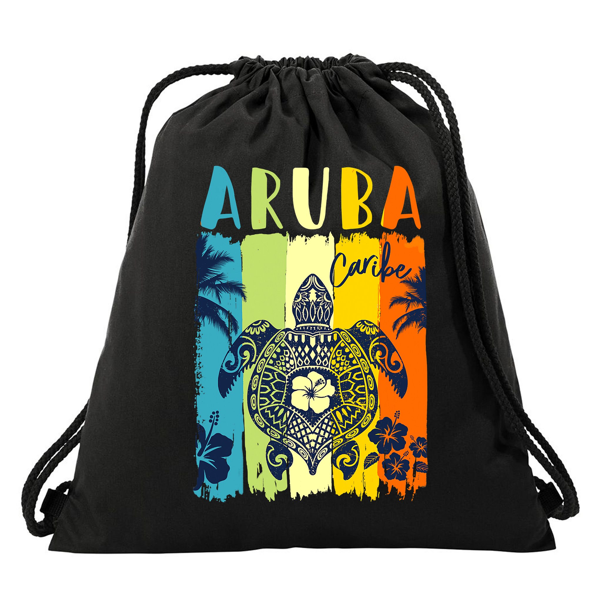 Sea Turtle Retro Aruba Caribe Family Vacation Drawstring Bag