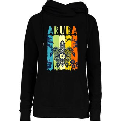 Sea Turtle Retro Aruba Caribe Family Vacation Womens Funnel Neck Pullover Hood