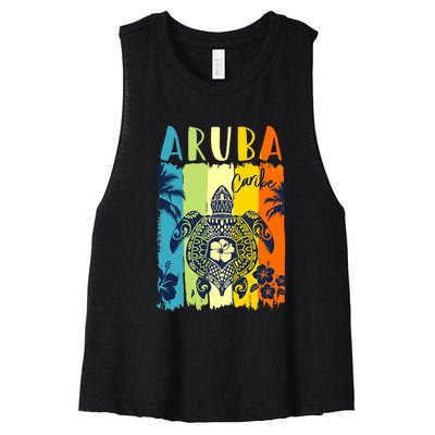 Sea Turtle Retro Aruba Caribe Family Vacation Women's Racerback Cropped Tank