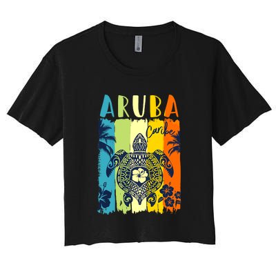 Sea Turtle Retro Aruba Caribe Family Vacation Women's Crop Top Tee