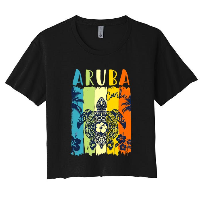 Sea Turtle Retro Aruba Caribe Family Vacation Women's Crop Top Tee