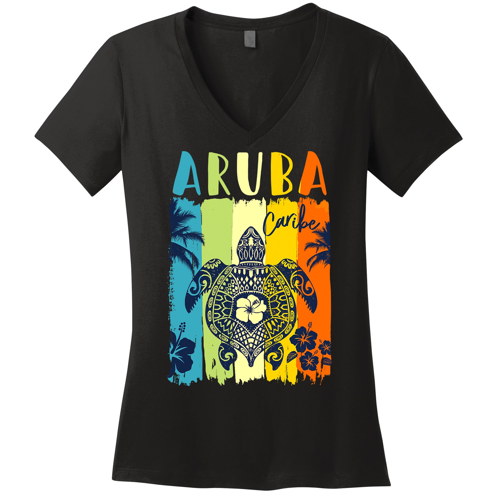 Sea Turtle Retro Aruba Caribe Family Vacation Women's V-Neck T-Shirt