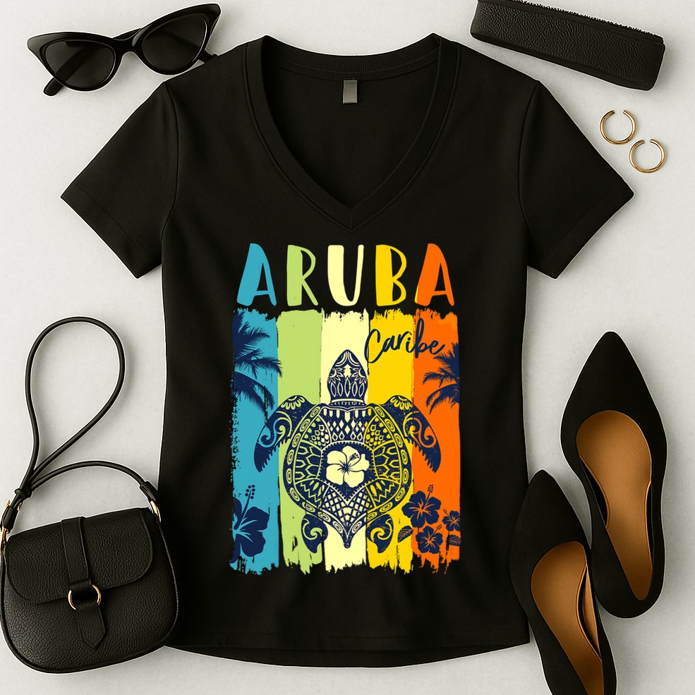 Sea Turtle Retro Aruba Caribe Family Vacation Women's V-Neck T-Shirt
