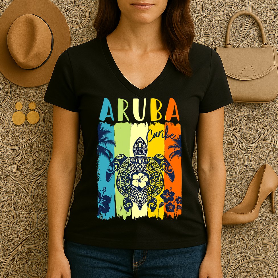 Sea Turtle Retro Aruba Caribe Family Vacation Women's V-Neck T-Shirt
