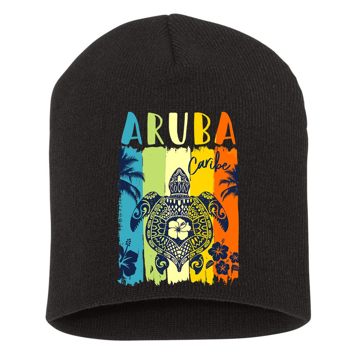 Sea Turtle Retro Aruba Caribe Family Vacation Short Acrylic Beanie