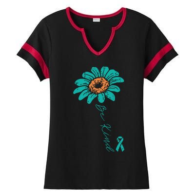 Sunflower Teal Ribbon Be Kind Ovarian Cancer Awareness Women Ladies Halftime Notch Neck Tee