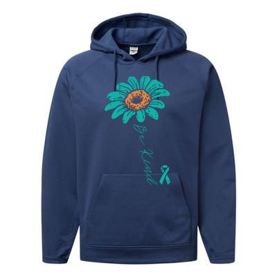 Sunflower Teal Ribbon Be Kind Ovarian Cancer Awareness Women Performance Fleece Hoodie