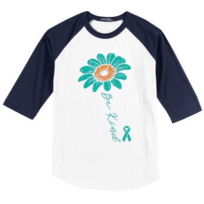 Sunflower Teal Ribbon Be Kind Ovarian Cancer Awareness Women Baseball Sleeve Shirt