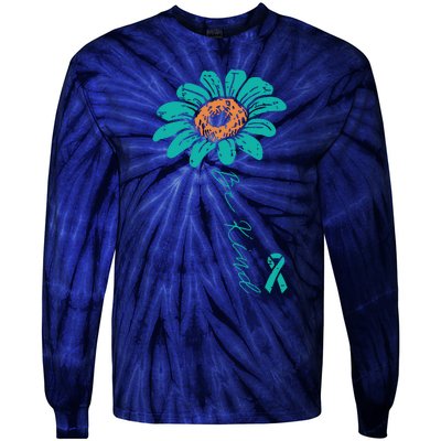 Sunflower Teal Ribbon Be Kind Ovarian Cancer Awareness Women Tie-Dye Long Sleeve Shirt