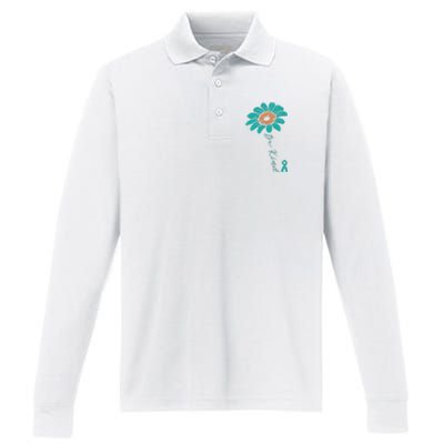 Sunflower Teal Ribbon Be Kind Ovarian Cancer Awareness Women Performance Long Sleeve Polo