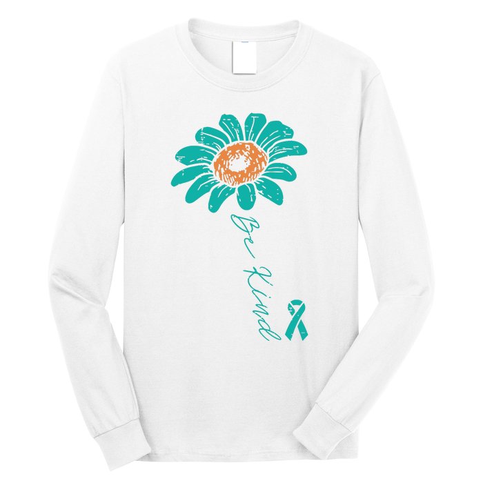 Sunflower Teal Ribbon Be Kind Ovarian Cancer Awareness Women Long Sleeve Shirt