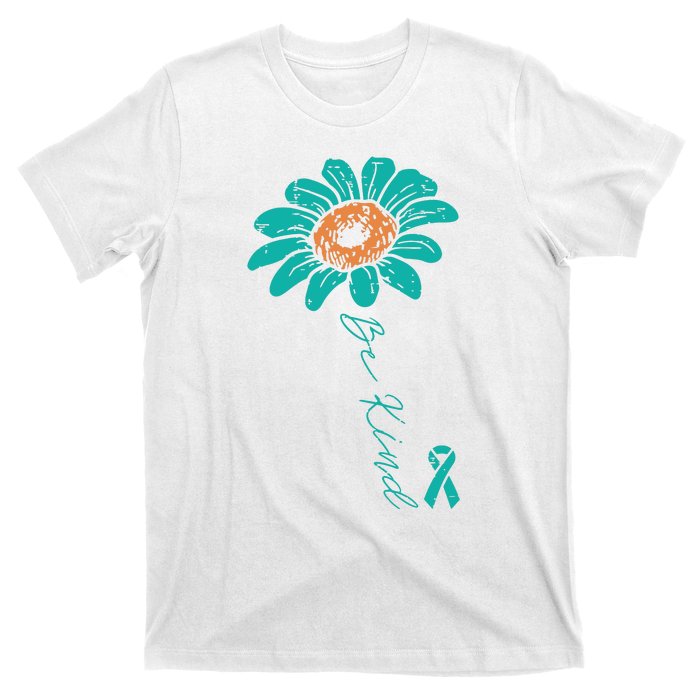 Sunflower Teal Ribbon Be Kind Ovarian Cancer Awareness Women T-Shirt