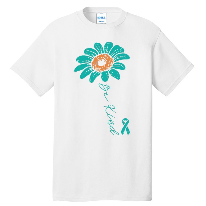 Sunflower Teal Ribbon Be Kind Ovarian Cancer Awareness Women Tall T-Shirt