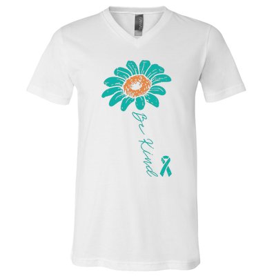 Sunflower Teal Ribbon Be Kind Ovarian Cancer Awareness Women V-Neck T-Shirt