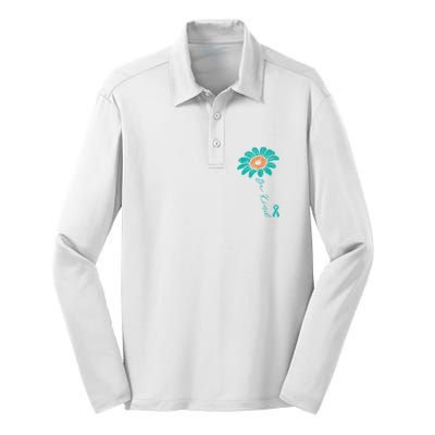 Sunflower Teal Ribbon Be Kind Ovarian Cancer Awareness Women Silk Touch Performance Long Sleeve Polo