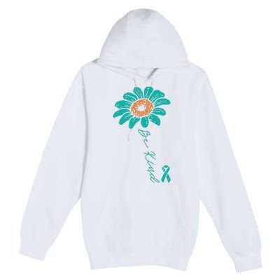 Sunflower Teal Ribbon Be Kind Ovarian Cancer Awareness Women Premium Pullover Hoodie