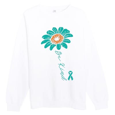 Sunflower Teal Ribbon Be Kind Ovarian Cancer Awareness Women Premium Crewneck Sweatshirt