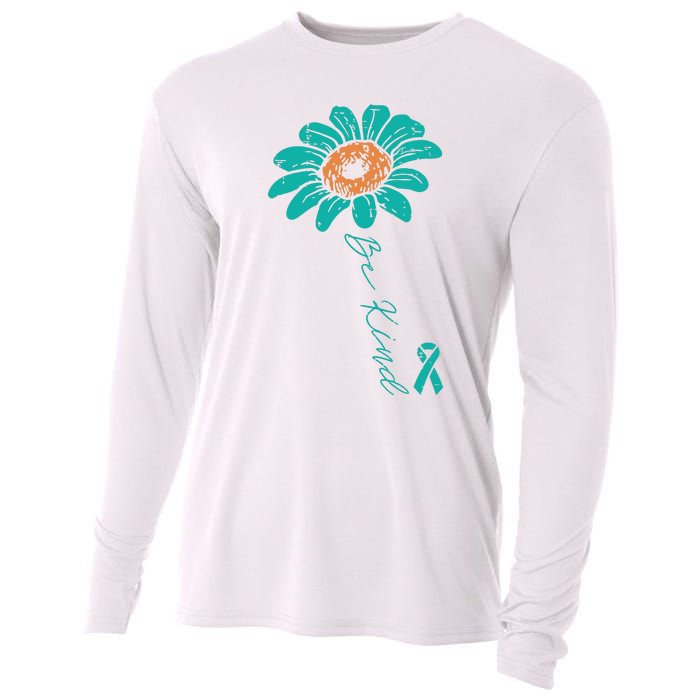 Sunflower Teal Ribbon Be Kind Ovarian Cancer Awareness Women Cooling Performance Long Sleeve Crew