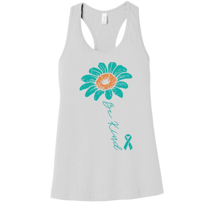 Sunflower Teal Ribbon Be Kind Ovarian Cancer Awareness Women Women's Racerback Tank