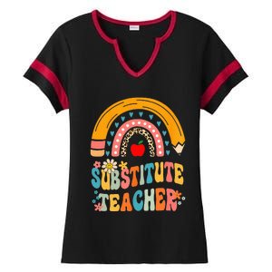 Substitute Teacher Rainbow Pencil Groovy Teacher Flower Ladies Halftime Notch Neck Tee