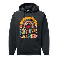 Substitute Teacher Rainbow Pencil Groovy Teacher Flower Performance Fleece Hoodie