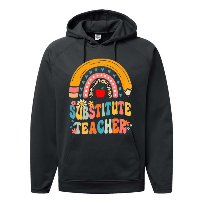 Substitute Teacher Rainbow Pencil Groovy Teacher Flower Performance Fleece Hoodie