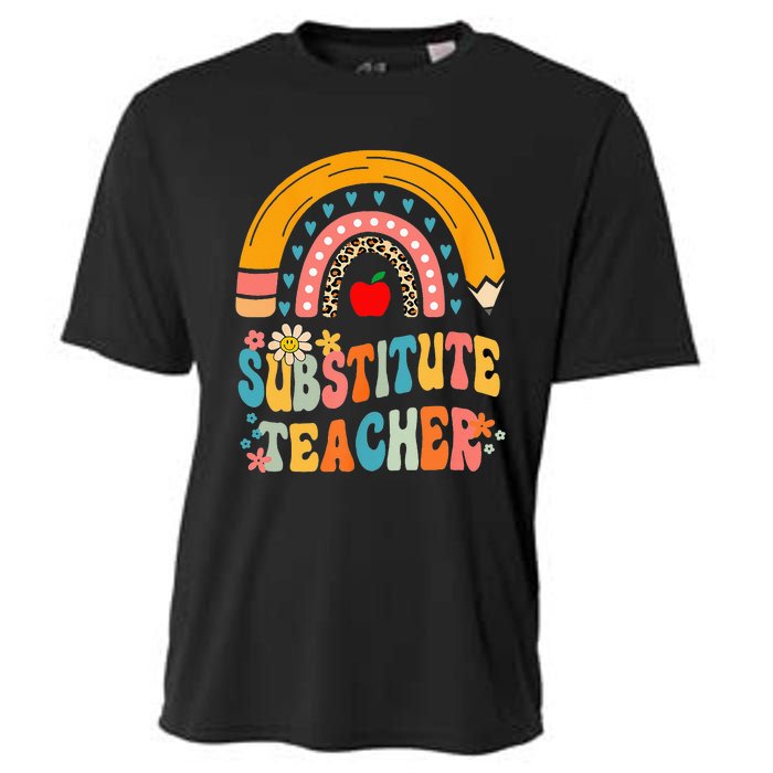 Substitute Teacher Rainbow Pencil Groovy Teacher Flower Cooling Performance Crew T-Shirt