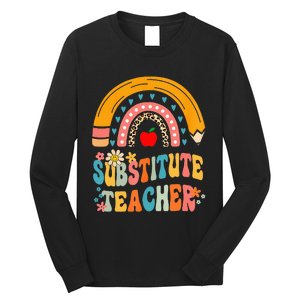 Substitute Teacher Rainbow Pencil Groovy Teacher Flower Long Sleeve Shirt