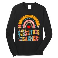 Substitute Teacher Rainbow Pencil Groovy Teacher Flower Long Sleeve Shirt