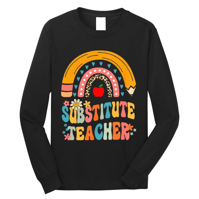 Substitute Teacher Rainbow Pencil Groovy Teacher Flower Long Sleeve Shirt