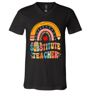 Substitute Teacher Rainbow Pencil Groovy Teacher Flower V-Neck T-Shirt