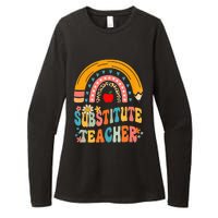 Substitute Teacher Rainbow Pencil Groovy Teacher Flower Womens CVC Long Sleeve Shirt