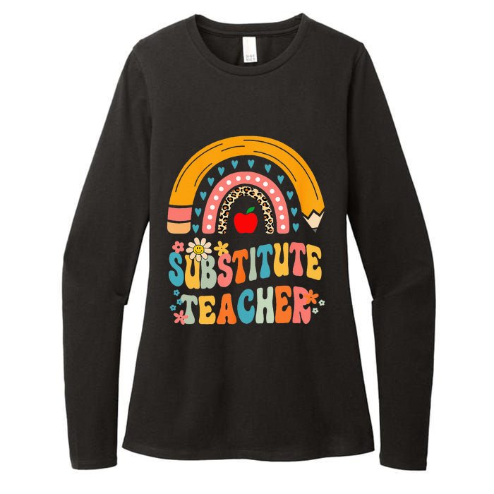 Substitute Teacher Rainbow Pencil Groovy Teacher Flower Womens CVC Long Sleeve Shirt